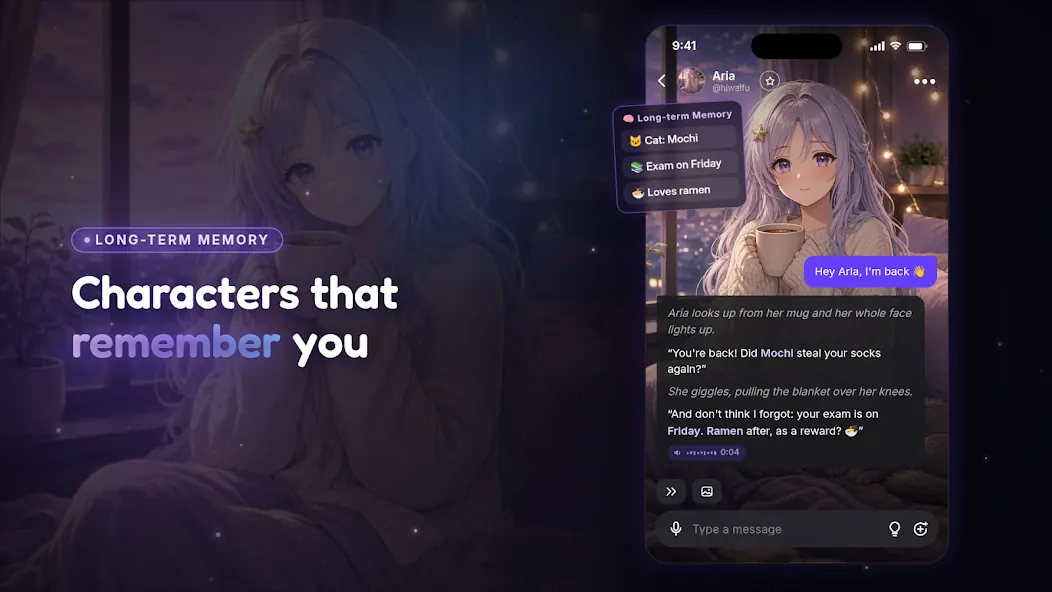 Offizielle HiWaifu-Produktansicht: Chat mit dargestellter Charaktererinnerung